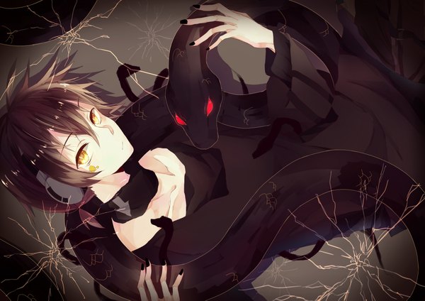 Anime picture 4093x2894 with kagerou project shaft (studio) konoha (kagerou project) kuroha ya7se single fringe highres short hair brown hair yellow eyes absurdres ponytail nail polish fingernails facial mark black nail polish broken boy animal