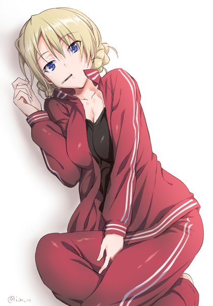 Anime picture 800x1145 with girls und panzer darjeeling (girls und panzer) inu (aerodog) single tall image looking at viewer fringe short hair blue eyes simple background blonde hair hair between eyes white background signed bent knee (knees) open jacket hair bun (hair buns) twitter username on side shiny clothes