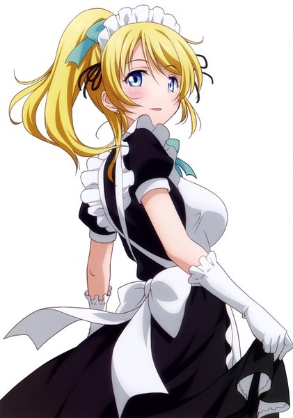 Anime picture 2143x3057 with love live! school idol project sunrise (studio) love live! ayase eli inou shin single long hair tall image looking at viewer blush highres blue eyes blonde hair simple background white background ponytail scan maid girl dress