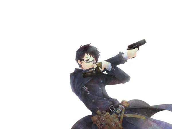 Anime picture 1280x960 with ao no exorcist a-1 pictures okumura yukio short hair black hair simple background white background aqua eyes mole boy weapon glasses pistol