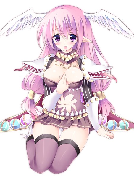 Anime picture 724x959 with ragnarok online tagme (character) sorai shin'ya single long hair tall image looking at viewer blush fringe breasts open mouth light erotic simple background hair between eyes large breasts white background sitting purple eyes twintails pink hair