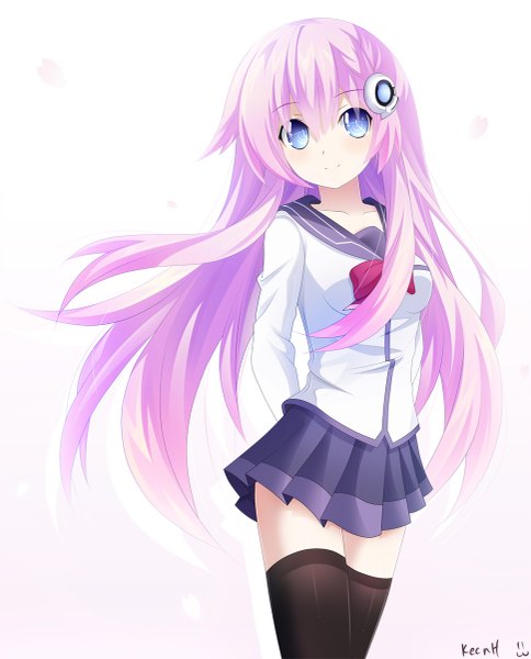 Anime picture 969x1200 with choujigen game neptune nepgear purple sister keenh single long hair tall image fringe breasts simple background hair between eyes standing white background signed payot looking away pink hair ahoge long sleeves head tilt