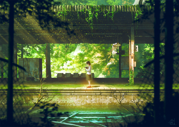 Anime picture 1000x709 with original mocha (cotton) single short hair black hair standing holding signed profile pleated skirt sunlight shadow depth of field looking down sunbeam bare tree nature overgrown abandoned girl