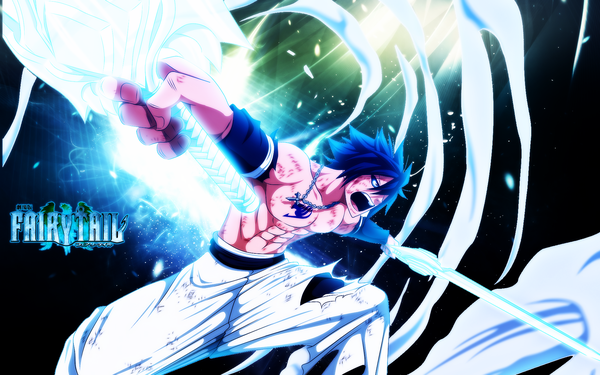 Anime picture 1920x1200 with fairy tail gray fullbuster single highres short hair open mouth blue eyes wide image blue hair looking away teeth muscle boy weapon pendant ice