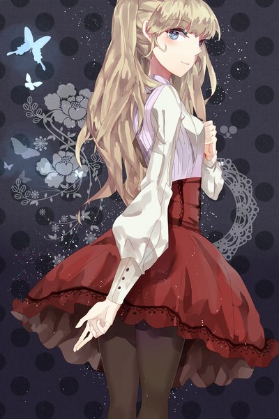 Anime picture 1771x2657 with original nadinehuifu single long hair tall image blush fringe highres breasts blue eyes blonde hair smile standing twintails long sleeves looking back floral print polka dot girl pantyhose