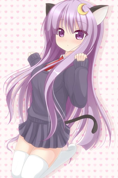 Anime picture 1058x1593 with touhou patchouli knowledge chimunge long hair tall image purple eyes animal ears purple hair cat ears cat girl cat tail girl thighhighs skirt uniform school uniform miniskirt white thighhighs sweater