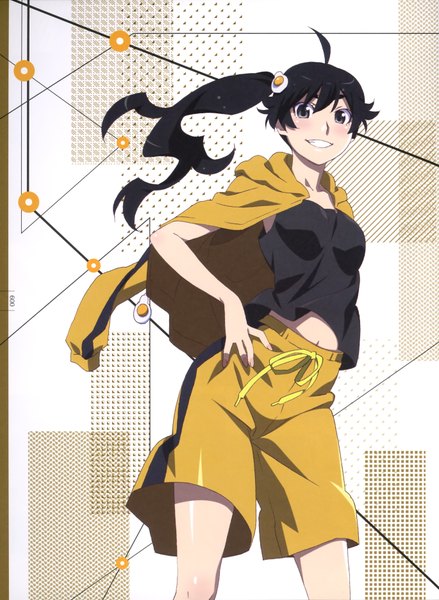 Anime picture 2740x3748 with nisemonogatari shaft (studio) monogatari (series) araragi karen single long hair tall image looking at viewer blush fringe highres black hair smile ahoge wind black eyes scan official art bare belly hand on hip