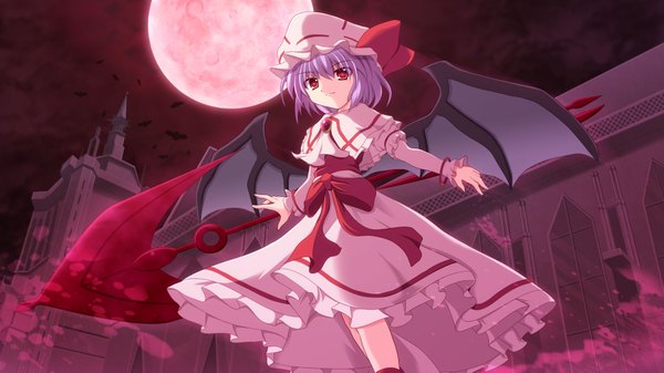 Anime picture 1920x1080 with touhou remilia scarlet cross (crossryou) single highres short hair red eyes wide image purple hair red moon girl dress weapon wings bonnet spear spear the gungnir