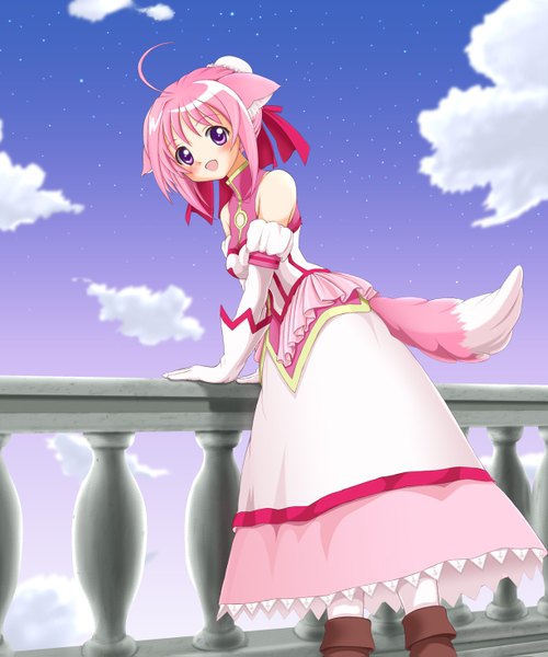 Anime picture 1226x1471 with dog days millhiore f biscotti kahis (sweetbriar) tall image blush short hair open mouth purple eyes pink hair cloud (clouds) dog ears dog tail girl gloves