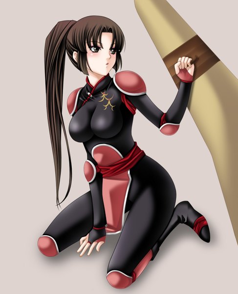 Anime picture 1300x1600 with inuyasha sango tamamon single long hair tall image breasts open mouth black hair simple background large breasts looking away full body bent knee (knees) ponytail black eyes girl weapon boots armor