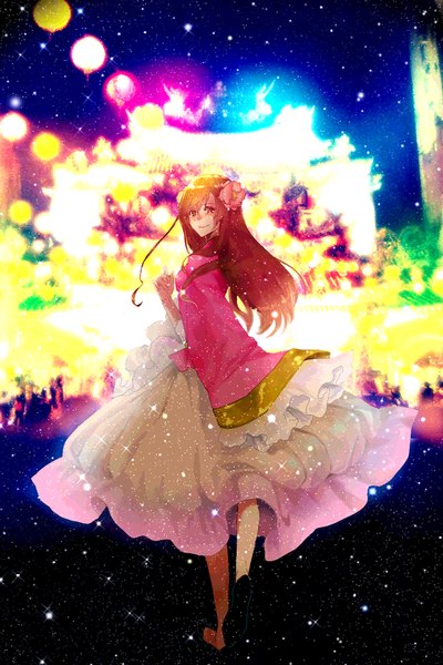 Anime picture 768x1152 with axis powers hetalia studio deen taiwan (hetalia) gori single long hair tall image smile brown hair brown eyes long sleeves looking back hair flower night wide sleeves sparkle night sky walking girl dress