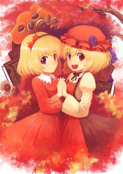 Anime picture 1447x2047 with touhou aki minoriko aki shizuha kanini tall image looking at viewer blush short hair open mouth blonde hair smile red eyes multiple girls holding hands autumn girl dress 2 girls plant (plants) tree (trees)