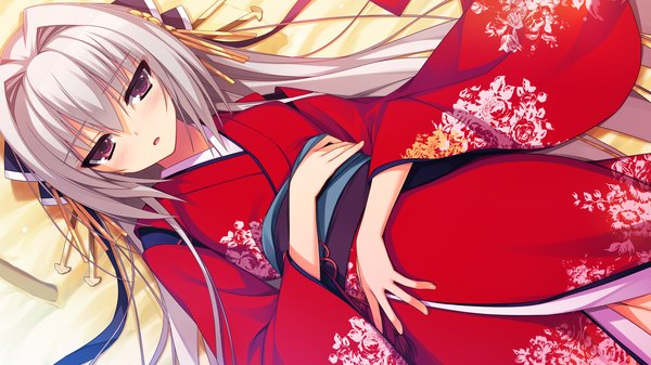 Anime picture 2560x1440 with reminiscence re daizenji suzuka tomose shunsaku single long hair looking at viewer highres wide image purple eyes game cg white hair traditional clothes japanese clothes girl hair ornament kimono obi