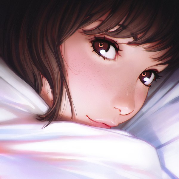 Anime picture 1080x1080 with original ilya kuvshinov single looking at viewer fringe short hair brown hair brown eyes lying light smile lips realistic shadow lipstick shiny skin close-up face freckles girl
