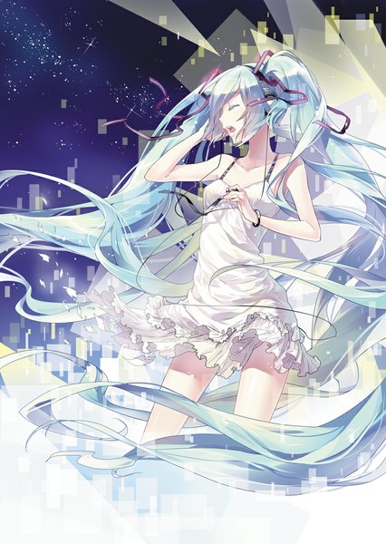 Anime picture 710x1000 with vocaloid last night good night (vocaloid) hatsune miku rella single tall image blush open mouth twintails bare shoulders sky eyes closed very long hair wind aqua hair girl dress hair ornament ribbon (ribbons) hair ribbon
