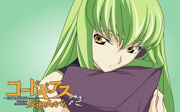 Anime picture 1680x1050 with code geass sunrise (studio) c.c. single long hair fringe simple background hair between eyes wide image holding yellow eyes green hair green background girl