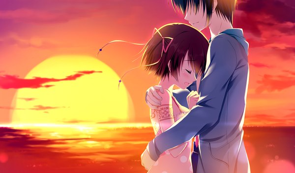 Anime picture 1024x600 with da capo iii hinomoto aoi takano yuki (allegro mistic) blush short hair brown hair wide image game cg cloud (clouds) eyes closed hug one side up evening sunset girl boy sundress