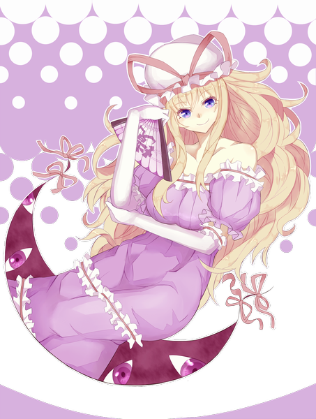 Anime picture 1134x1500 with touhou yakumo yukari ginko (nico) long hair tall image blonde hair smile purple eyes bare shoulders transparent background eyes girl dress gloves elbow gloves bonnet fan