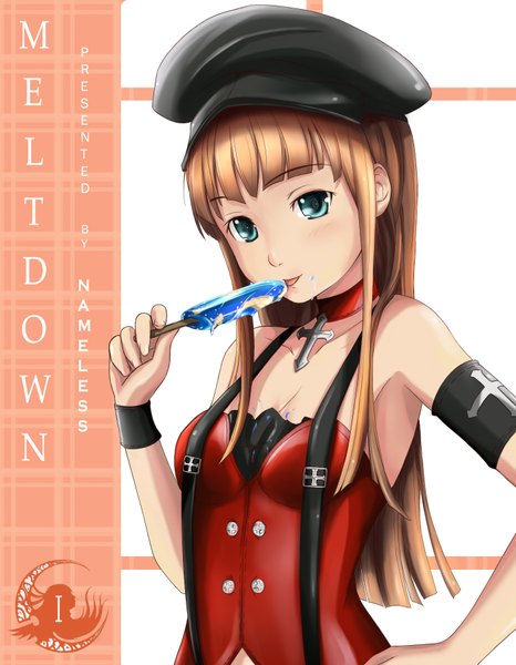 Anime picture 1400x1800 with original el-seluvia single long hair tall image blush blue eyes smile brown hair inscription hand on hip girl food sweets tongue collar cross ice cream peaked cap wristlet