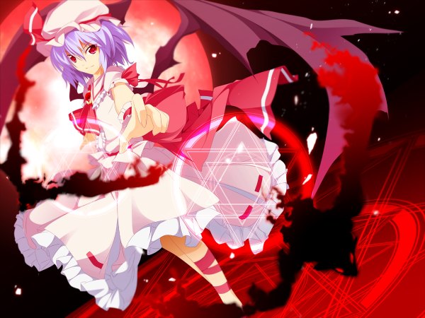 Anime picture 1200x900 with touhou remilia scarlet zb (artist) single short hair red eyes purple hair magic bat wings red moon girl dress hat wings magic circle