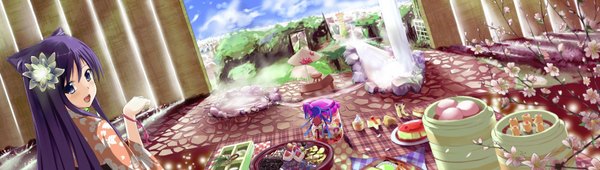 Anime picture 1917x545 with kyaro (kyaro54) single long hair looking at viewer blush open mouth wide image animal ears sky purple hair cloud (clouds) traditional clothes japanese clothes hair flower cat ears grey eyes cherry blossoms girl hair ornament flower (flowers)