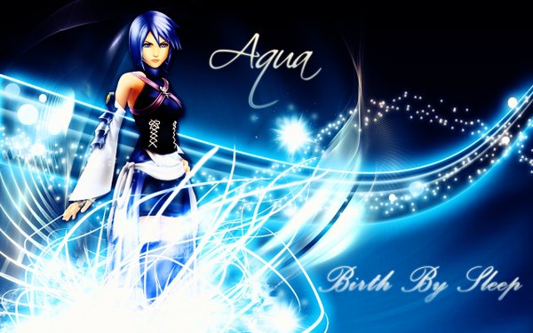 Anime picture 1280x800 with kingdom hearts square enix aqua (kingdom hearts) single blue eyes wide image bare shoulders blue hair girl detached sleeves