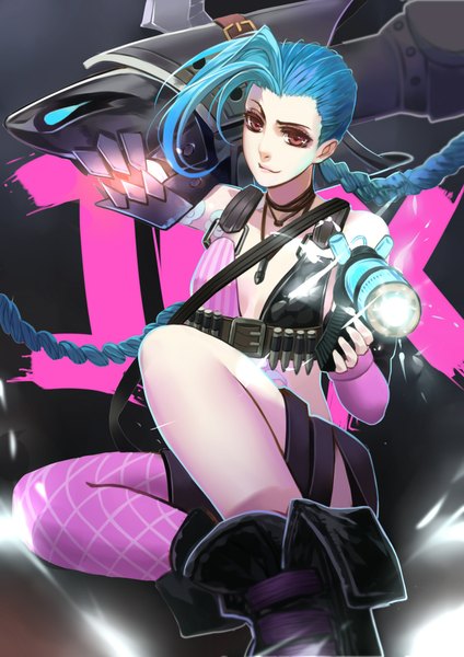 Anime picture 1512x2139 with league of legends jinx (league of legends) gu-ko citemer tall image looking at viewer brown eyes braid (braids) very long hair aqua hair inscription tattoo twin braids girl thighhighs weapon choker boots gun single thighhigh bikini top