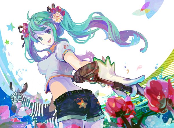 Anime picture 1000x736 with vocaloid hatsune miku saya (mychristian2) single long hair open mouth twintails looking back hair flower aqua eyes aqua hair girl gloves hair ornament flower (flowers) animal shorts microphone microphone stand zebra
