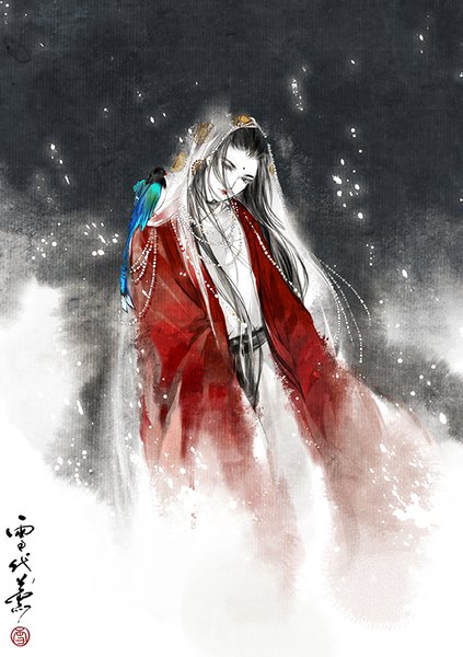 Anime picture 595x842 with original xuedaixun single long hair tall image looking at viewer black hair simple background standing upper body traditional clothes head tilt black eyes wide sleeves lipstick text facial mark hieroglyph red lipstick otoko no ko