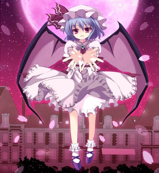 Anime picture 2548x2767 with touhou remilia scarlet marotti single tall image highres short hair blue hair nail polish pink eyes bat wings girl dress hat petals wings scarlet devil mansion