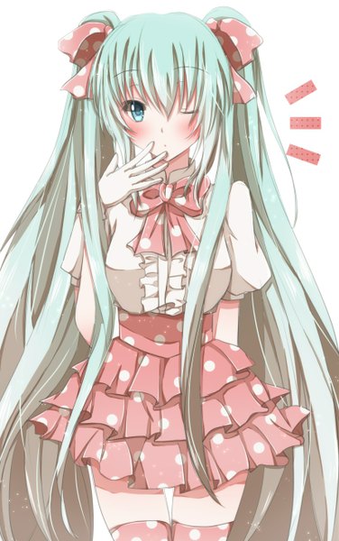 Anime picture 818x1304 with vocaloid hatsune miku hiro (hirohiro31) single tall image looking at viewer blush blue eyes simple background white background twintails very long hair one eye closed wink aqua hair girl thighhighs dress bow hair bow