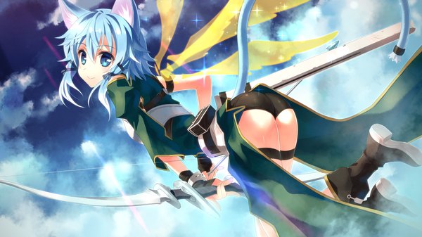 Anime picture 3840x2160 with sword art online a-1 pictures asada shino yuuki tatsuya single long hair looking at viewer highres blue eyes light erotic wide image animal ears absurdres sky cloud (clouds) ass tail animal tail cat ears scan