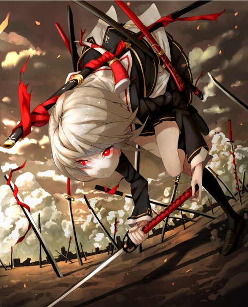 Anime picture 1034x1280 with original ginshio single tall image fringe short hair blonde hair red eyes holding looking away sky cloud (clouds) pleated skirt glowing glowing eye (eyes) girl skirt uniform weapon miniskirt