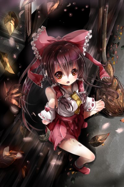 Anime picture 1000x1500 with touhou hakurei reimu emia (castilla) single long hair tall image open mouth red eyes brown hair sitting miko girl bow hair bow detached sleeves leaf (leaves)