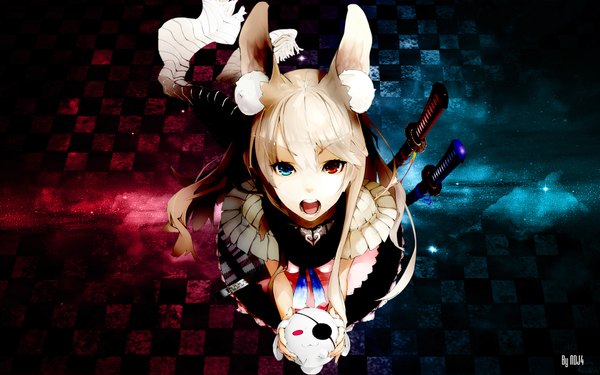Anime picture 1920x1200 with original nil (artist) ndj4 single long hair looking at viewer fringe highres open mouth blonde hair wide image animal ears pink eyes heterochromia third-party edit checkered checkered background bandage over one eye girl weapon
