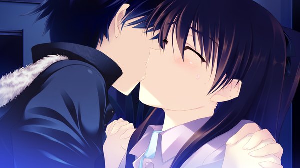 Anime picture 1280x720 with white album 2 ogiso setsuna blush black hair brown hair wide image game cg eyes closed couple kiss girl boy jacket