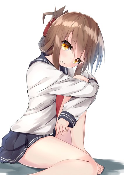 Anime picture 637x900 with kantai collection inazuma destroyer hamaru (s5625t) single long hair tall image looking at viewer blush fringe simple background brown hair white background sitting yellow eyes bent knee (knees) head tilt pleated skirt barefoot bare legs leg hug