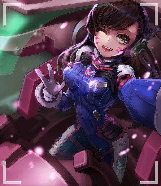 Anime picture 900x1039 with overwatch blizzard entertainment d.va (overwatch) meka (overwatch) goomrrat single long hair tall image looking at viewer fringe breasts smile brown hair yellow eyes one eye closed from above wink realistic outstretched arm facial mark