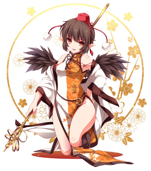 Anime picture 1408x1600 with touhou shameimaru aya moneti (daifuku) single tall image looking at viewer short hair open mouth red eyes brown hair pointy ears hand on hip kneeling chinese clothes black wings girl flower (flowers) ribbon (ribbons) detached sleeves wings