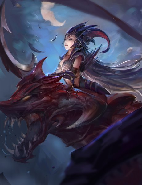 Anime picture 1000x1301 with league of legends diana (league of legends) rabbit (tukenitian) tall image breasts blue eyes red eyes yellow eyes sky very long hair horn (horns) teeth fang (fangs) crescent multicolored eyes girl weapon moon monster