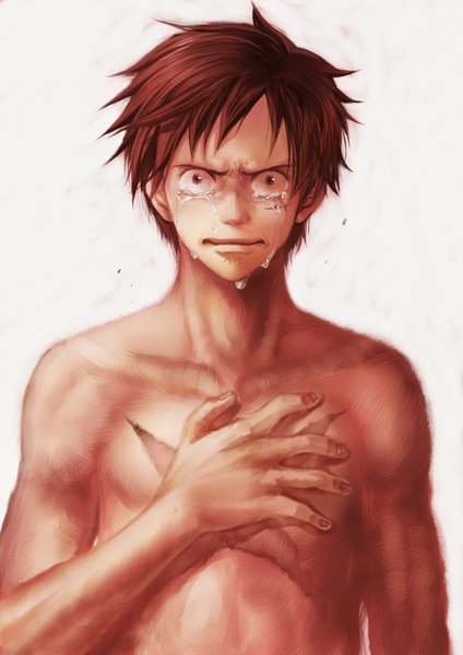 Anime picture 1000x1414 with one piece toei animation monkey d. luffy hora (genkou naka) single tall image looking at viewer short hair simple background brown hair white background tears scar topless crying sad boy