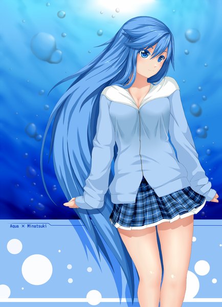 Anime picture 1000x1381 with original ayase tamaki single long hair tall image blue eyes blue hair looking away girl skirt bubble (bubbles)