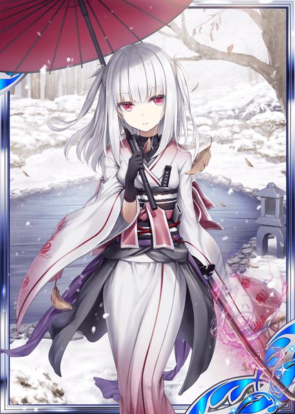 Anime picture 640x896 with shinkai no valkyrie magatsuhi (shinkai no valkyrie) akkijin single long hair tall image looking at viewer fringe red eyes standing holding outdoors white hair blunt bangs traditional clothes head tilt japanese clothes wind wide sleeves official art