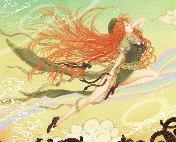 Anime picture 1100x886 with touhou hong meiling takatora single cloud (clouds) braid (braids) eyes closed orange hair legs chinese clothes girl bow ribbon (ribbons) hair bow hat shoes star (symbol) chinese dress rainbow