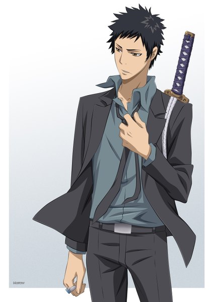 Anime picture 2246x3200 with katekyou hitman reborn yamamoto takeshi morrow single tall image highres short hair black hair simple background brown eyes signed parted lips grey background gradient background border open collar vector sheathed adjusting necktie boy