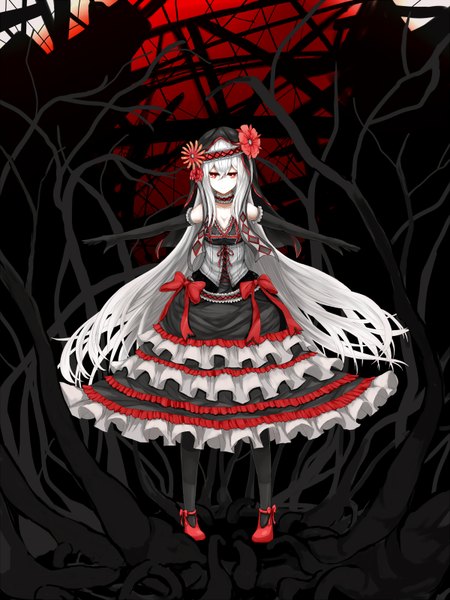 Anime picture 1200x1600 with original azure luna single tall image red eyes white hair very long hair girl dress gloves flower (flowers) bow hat elbow gloves frills