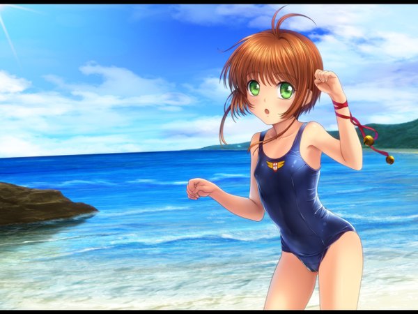 Anime picture 1280x960 with card captor sakura clamp kinomoto sakura mutsuki (moonknives) single short hair open mouth light erotic green eyes orange hair lolicon girl swimsuit water bell one-piece swimsuit school swimsuit