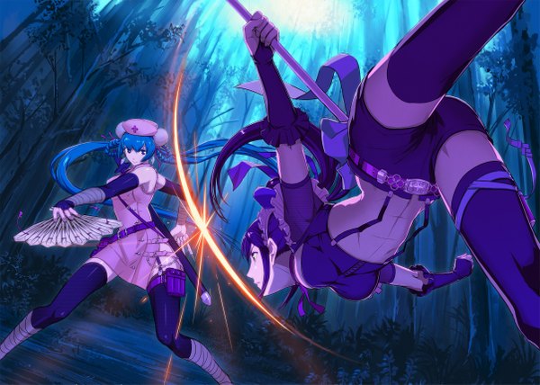 Anime picture 2411x1722 with maid kunoichi nurse kunoichi long hair highres blue hair purple hair nurse battle tree (trees) forest kunoichi