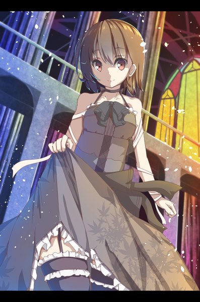 Anime picture 1296x1957 with original shirotaso0818 single tall image looking at viewer short hair smile brown hair bare shoulders brown eyes dress lift girl thighhighs dress bow ribbon (ribbons) petals garter straps garter (garters) corset