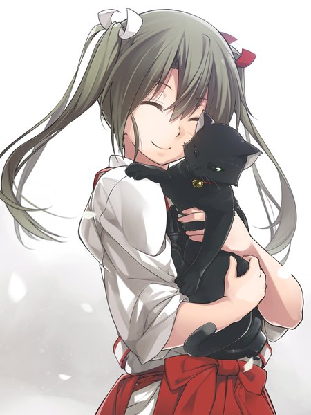 Anime picture 1500x2000 with kantai collection zuikaku aircraft carrier nanaku teiru single long hair tall image fringe smile twintails eyes closed traditional clothes japanese clothes green hair blurry hug happy girl skirt ribbon (ribbons) hair ribbon